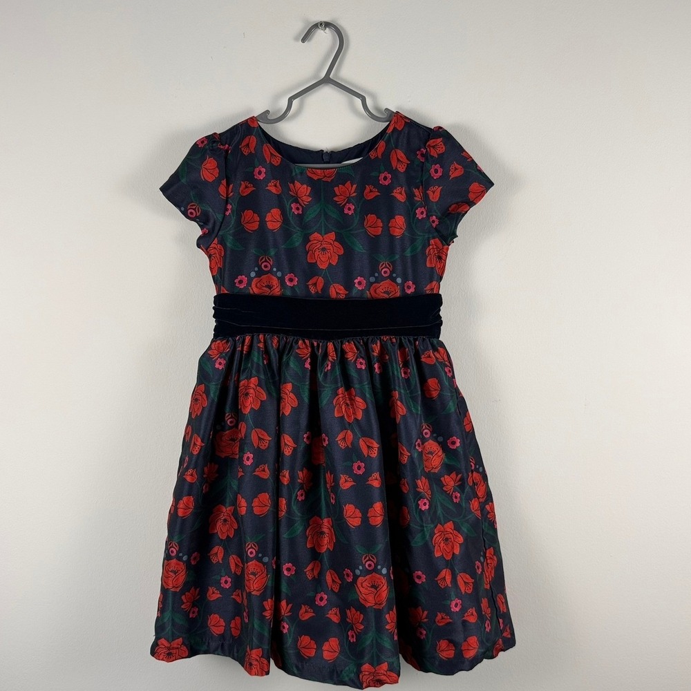Gymboree Girls Navy Blue Red Floral Velvet Bow Holiday Party Dress Size 6